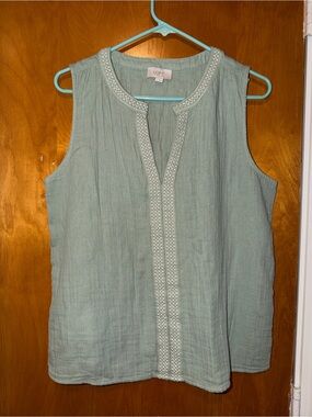 LOFT Sleeveless Embroidered Trim Tank Top - Sage
